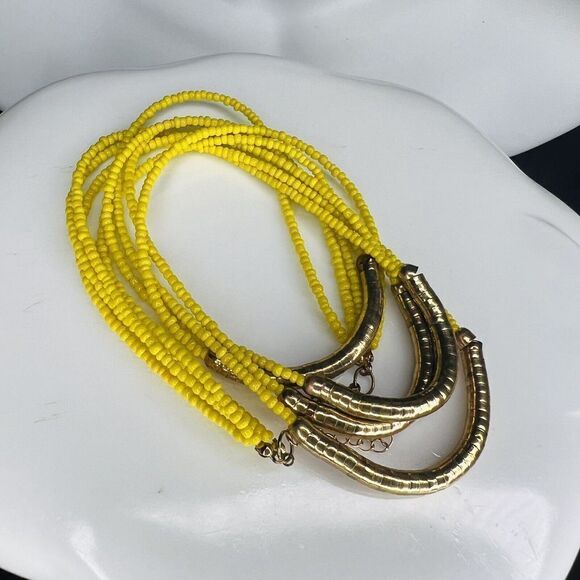Beautiful Yellow Brassy Tone Multi Strand Seed Beads Statement Necklace 1562 - Picture 7 of 13